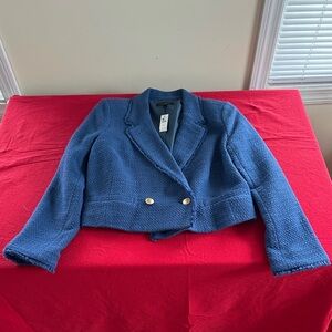 Talbots Tweed Double Breasted Cropped Blue Blazer with Gold Buttons NWT Size 12